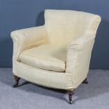 A Late Victorian Tub Shaped Easy Chair, with low scroll back, with old gold weave loose covers, on