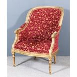 A French Gilt Framed Tub Shaped Fauteuil, the moulded showwood frame with ribbon and bead