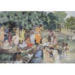Radha Charan Bagchi (1910-1977) - Watercolour and gouache - "Shashthi Puja" - Festival scene with