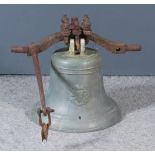 A Cast Brass Bell, with ornate crest to front with twin initials "JB" above "JB", 13ins high x 15ins