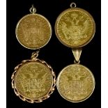 An Austrian 1905 Ten Corona Gold Coin and Three Austrian 1915 Ten Corona Gold Coins, all mounted