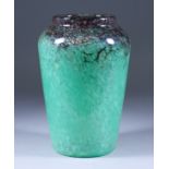 A Monart Green Mottled Glass Vase, 1930s, with gold flecks, 8.75ins high