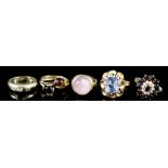 Five 14ct Gold Gem Set Dress Rings, set with various gems, sizes S, O, N+, L and M, total gross