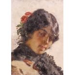 G. Colombo (?) - Oil painting - Shoulder length portrait of a young Spanish girl with flowers in her