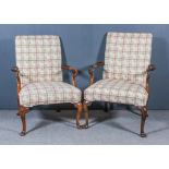 A Pair of Walnut Square Back Open Arm Library Armchairs of "18th Century" Design, the seats and