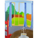 Peter Megus (20th Century) - Oil painting - French doors and a cup of coffee, signed to verso and