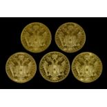 Five Austrian 1915 Ten Corona Gold Coins (restrikes - uncirculated), weight 17.5g