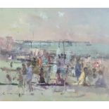 *** Fred Cuming (born 1930) - Oil painting - "Lerichi, Italy" - Busy beach scene, signed "Cuming" to