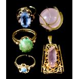 Three 14ct Gold Gem Set Dress Rings, and Two 14ct Gold Pendants, the rings set with semi precious