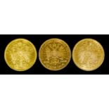 Three Austrian Gold Ten Corona Coins 1905, 1908 and 1912, weight 10.2g