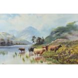 Charles W. Oswald (19th/20th Century) - Oil painting - Highland cattle watering on the edge of a