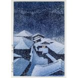 Ito Takashi (1894-1982) - Woodcut in colours - Snow storm over village, 14.37ins (36.5cm) x 9.