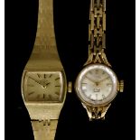 A Lady's Rotary Wristwatch, 20th Century, 9ct Gold Case, the rectangular gold coloured face with