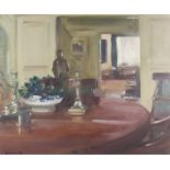 ***Antony Bream (born 1943) - Oil painting - Interior of cream panelled dining room with bowl of