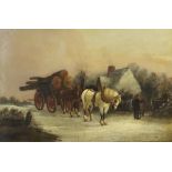 W. Hird (19th Century) - Oil painting - Heavy horses pulling a log cart beside a cottage and two