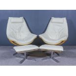 A Pair of Modern Beechwood Framed White Swivel Chairs and Pair of Matching Footstools, retailed by