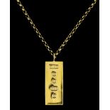 A 9ct Gold Ingot Pendant, Modern, the ingot, 40mm x 15mm, suspended from 500mm belcher chain,