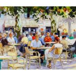 ***Andre Deymonaz (born 1946) - Oil painting - Continental scene with seated figures outside a cafe,