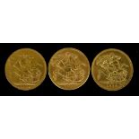 Three George V Sovereigns 1924, 1928, and 1929, all fair/fine
