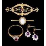 A Mixed Lot of 9ct Gold Gem Set Items, comprising - brooch, ruby set ring, size N, an opal set bar