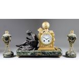A 19th Century French Gilt Metal and Green Veined Marble Three-Piece Clock Garniture, the clock with