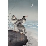 Koson Ohara (1877-1945) - Woodcut in colours - Three plovers on a rock (Nami ni Chidori), 14.