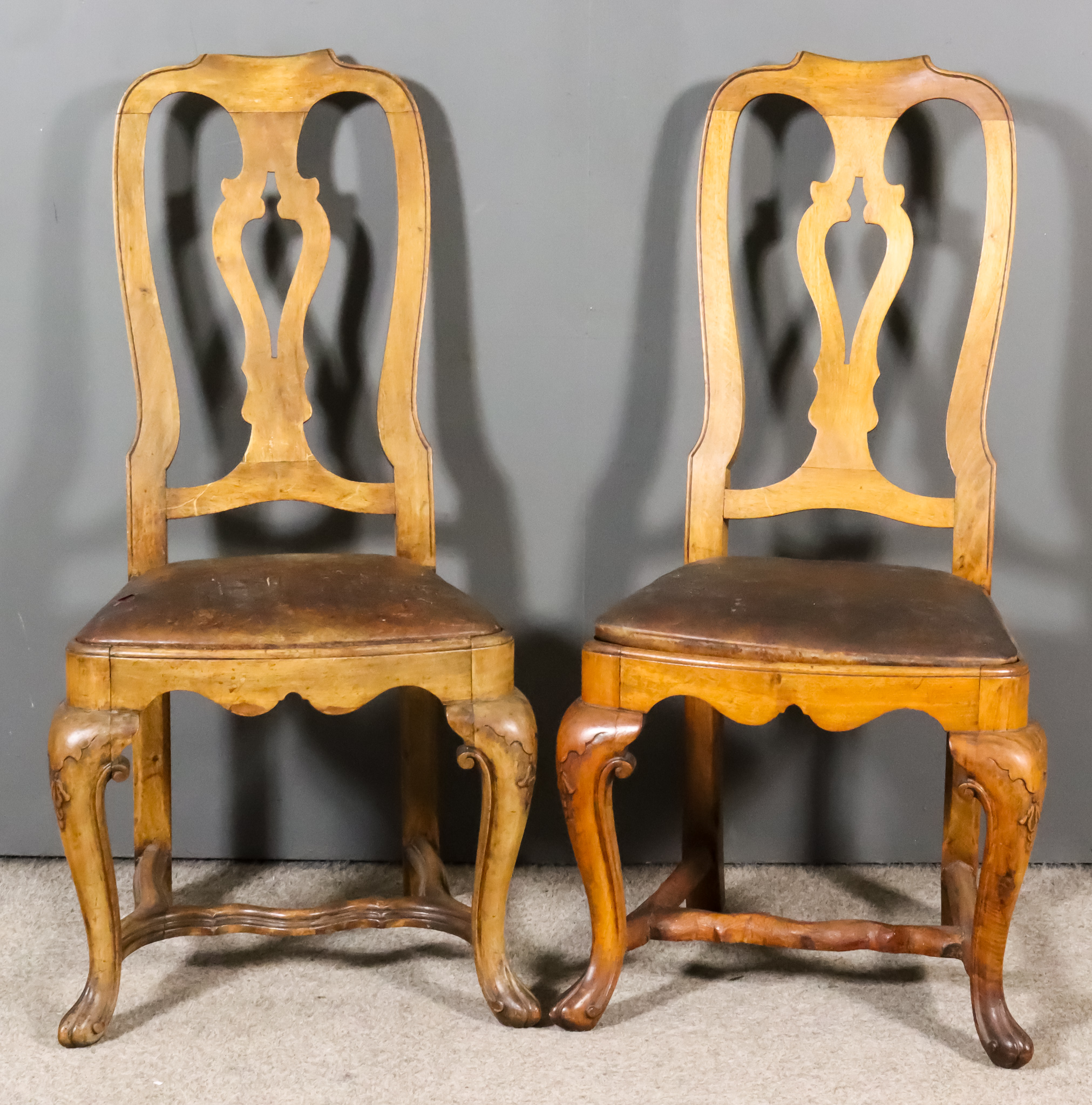 A Pair of Continental Walnut High Back Dining Chairs of "18th Century" Design and a Set of Four 20th