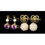 Four Pairs of Gem and Pearl Set Earrings, Modern, all with 9ct gold mounts, one pair set with