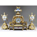 A Late 19th Century French Gilt Brass and Porcelain Mounted Mantel Clock, the 3.25ins diameter