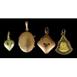 Four 14ct Gold Pendants, comprising - Madonna and child pendant, oval locket, small heart, and