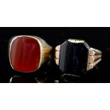 Two 14ct Gold Gentleman's Signet Rings, one mounted with black onyx panel, the other with red