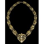 An Arts & Crafts Movement Diamond and Pearl Necklace, yellow metal mounted, comprising seventeen