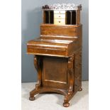 A Victorian Burr Walnut Piano Fronted Harlequin Davenport, with fretted gallery to rising top,