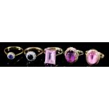 Five 9ct Gold Gem Set Rings, two set with blue and white stones, three set with amethyst coloured