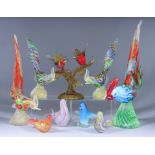 A Small Collection of Murano and Other Glass Bird Models, including - Cockerel, 19ins high,