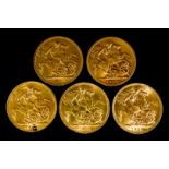 Five George V Sovereigns 1911, 1912, 1913, 1914, and 1915, all fair/fine