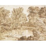 17th/18th Century Continental School - Pen and ink drawing - "The Bathers" - Romantic landscape with