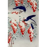Koson Ohara (1877-1945) - Woodcut in colours - Flycatchers on a nandina bush in the snow, 14.
