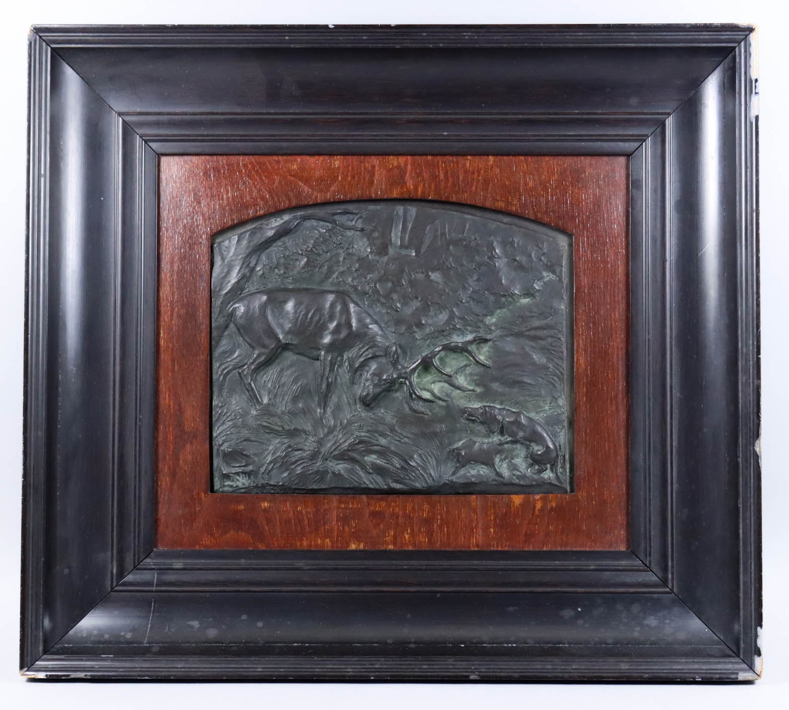 19th Century Continental School - Pair of bronze relief plaques of stag and dog, and dogs