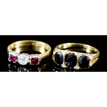 A Three Stone Diamond and Ruby Ring, 20th Century, and a Three Stone Blue Spinel Ring, the diamond