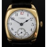 A Waltham Wristwatch, Early 20th Century, 9ct Gold Cased, the white enamel dial with Arabic numerals