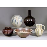 Ursula Mommens (1908-2010) - Five stoneware items, including - ovoid vase, painted in blue and brown