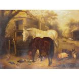 Style of J. F. Herring (1795-1865) - Oil painting - Two horses in a farmyard, relined canvas 19.5ins