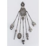 A Late Victorian Silver Chatelaine, by M. B., possibly Mitchell Bosley & Co, Birmingham 1890,