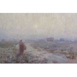 James Quinn (1869-1951 - Australian) - Oil painting - Early evening with figure in a landscape,