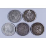 Three George III Half Crowns - 1816, fair/fine, 1817, fine/VF, and 1818, fine, and two George IV