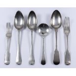 A William IV Silver Fiddle Pattern Table Spoon and Fork, and mixed silverware, the spoon and fork by