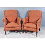 A Pair of Tetrad Square Back Easy Chairs of 1920's Design, upholstered in brown Harris Tweed