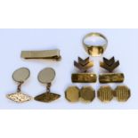 A Mixed Lot of 9ct, comprising - three pairs of gentleman's cuff links, a tie clip, and signet ring,