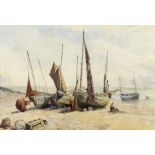 19th Century English School - Watercolour - Fishing boats on a beach with fishermen mending their
